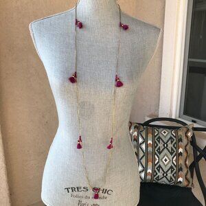 NWT Anthropologie Jewelry Lena Necklace Thin Gold Chain Strand w Magenta Tassels